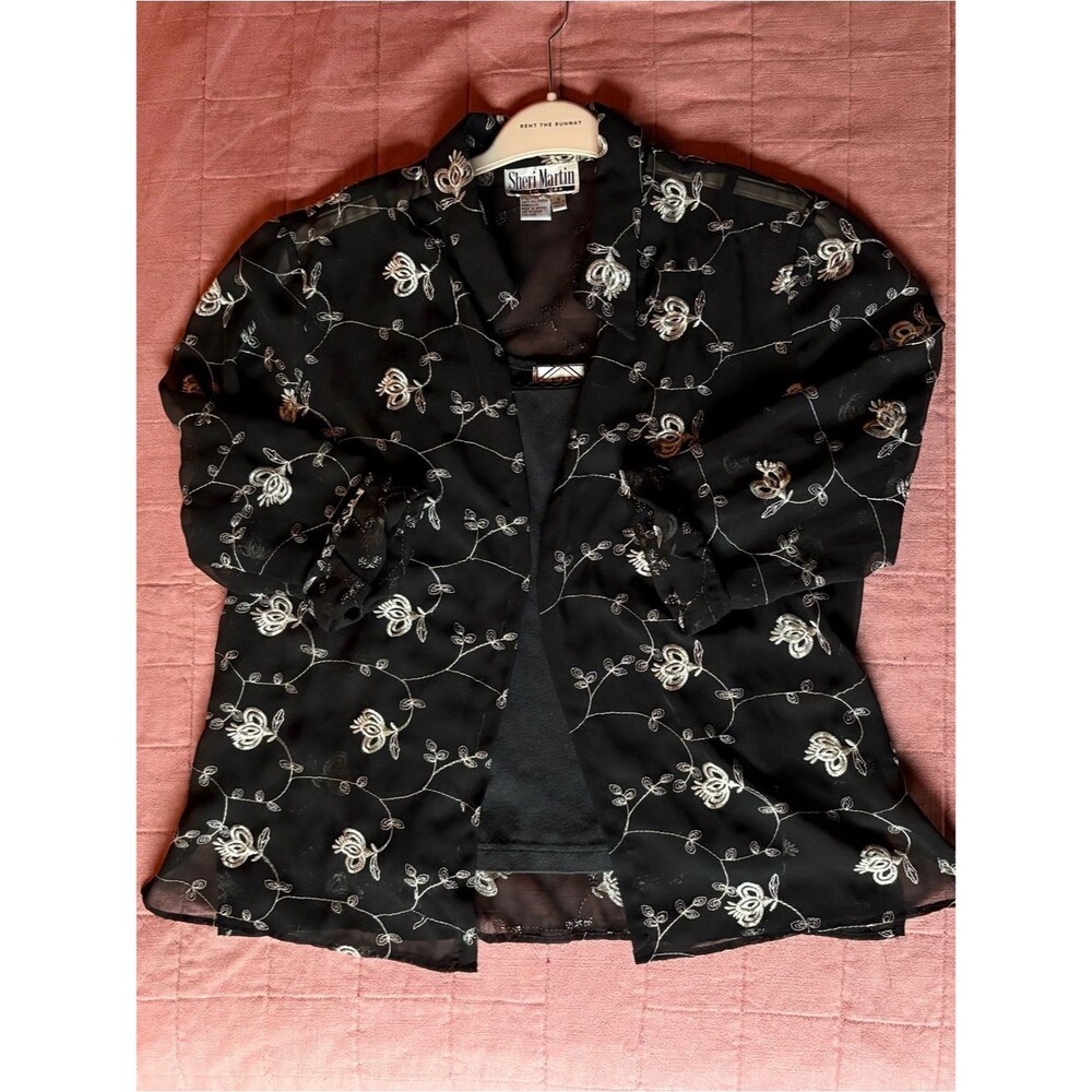 90s Black Sheer Blouse- Sheri Martin- White Floral Embroidery- Size 16